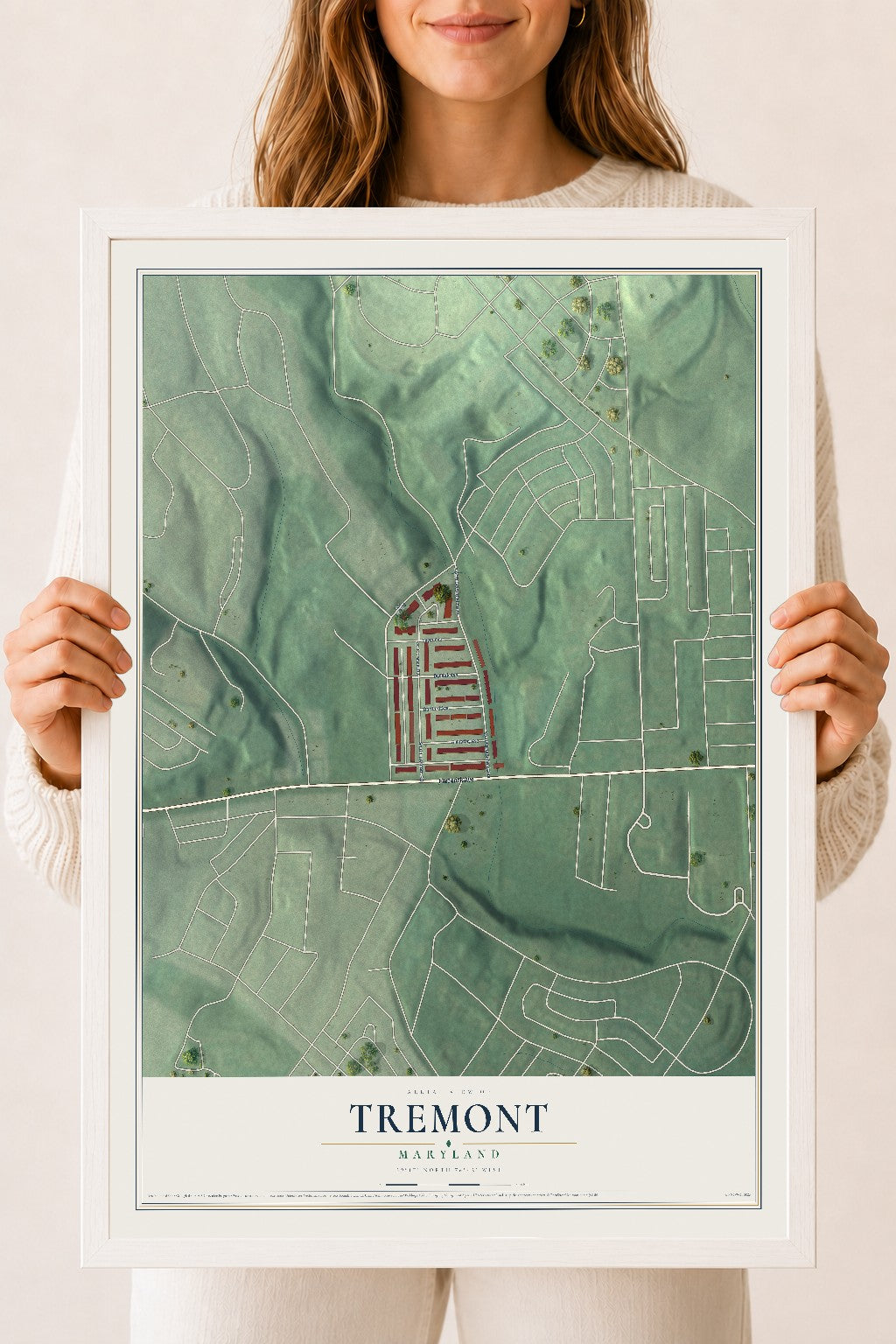 Map of Tremont, Maryland, 18 x 24 inch print in a white wood frame