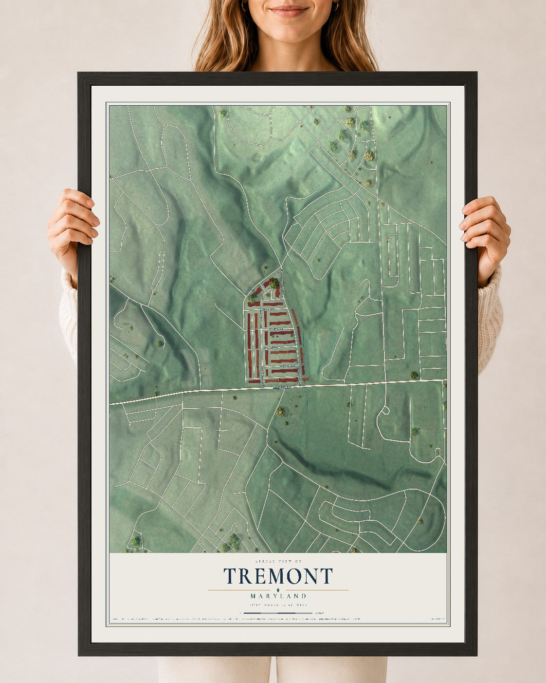 Map of Tremont, Maryland, 24 x 36 inch print in a black wood frame