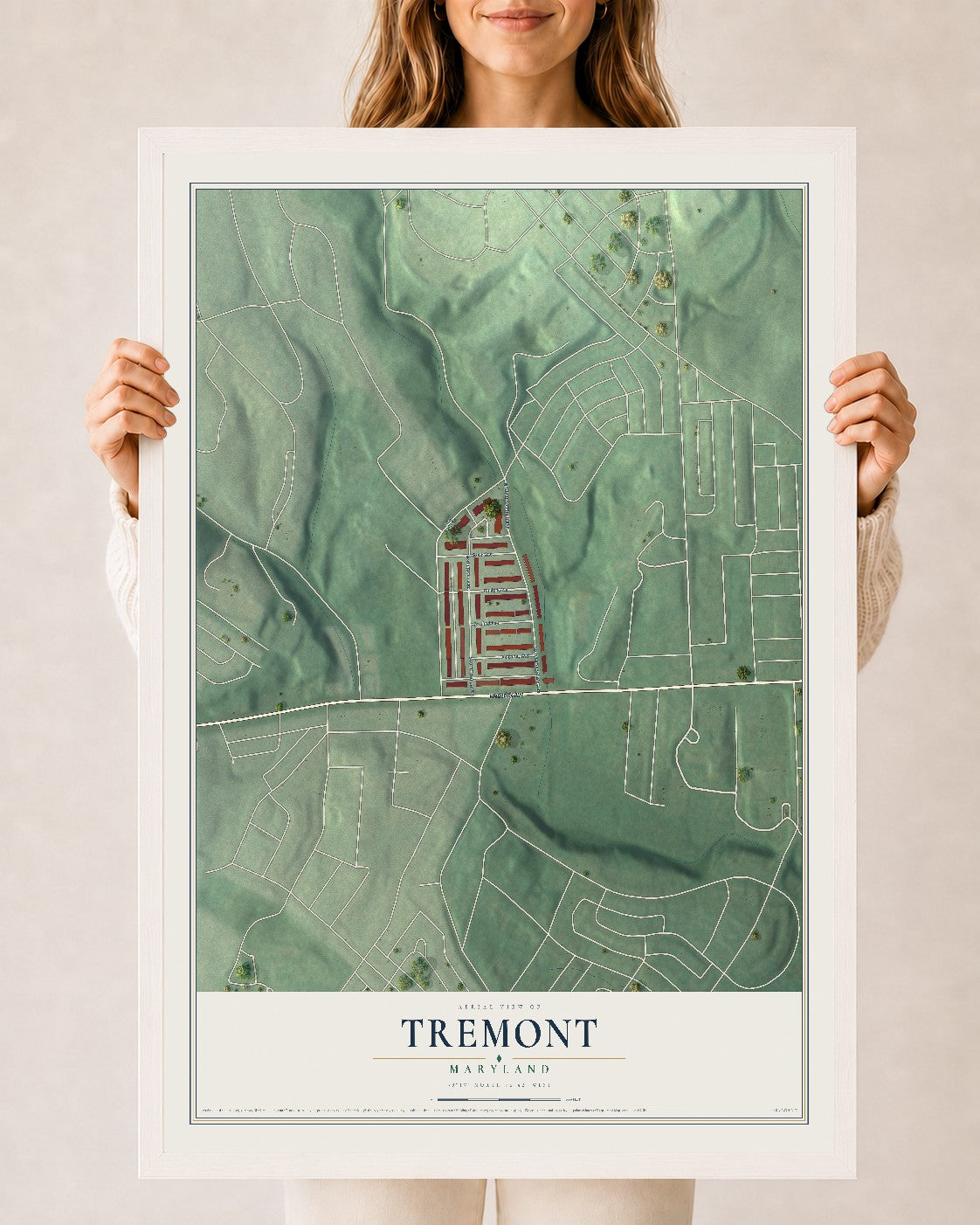 Map of Tremont, Maryland, 24 x 36 inch print in a white wood frame