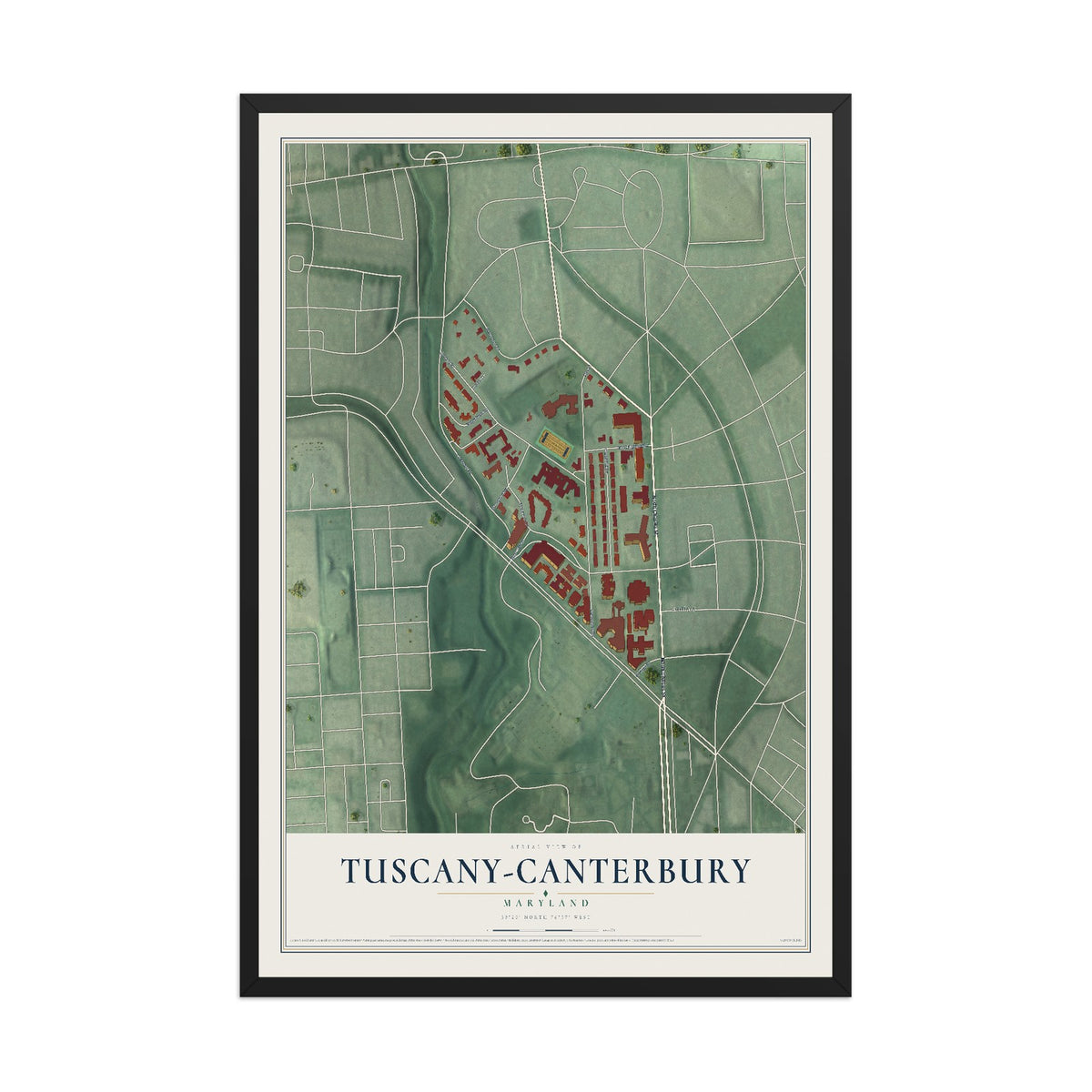 Map of Tuscany-Canterbury, Maryland, 12 x 18 inch print in a black wood frame