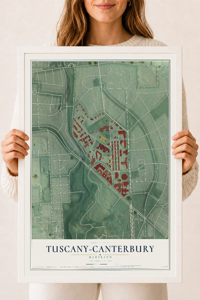 Map of Tuscany-Canterbury, Maryland, 18 x 24 inch print in a white wood frame