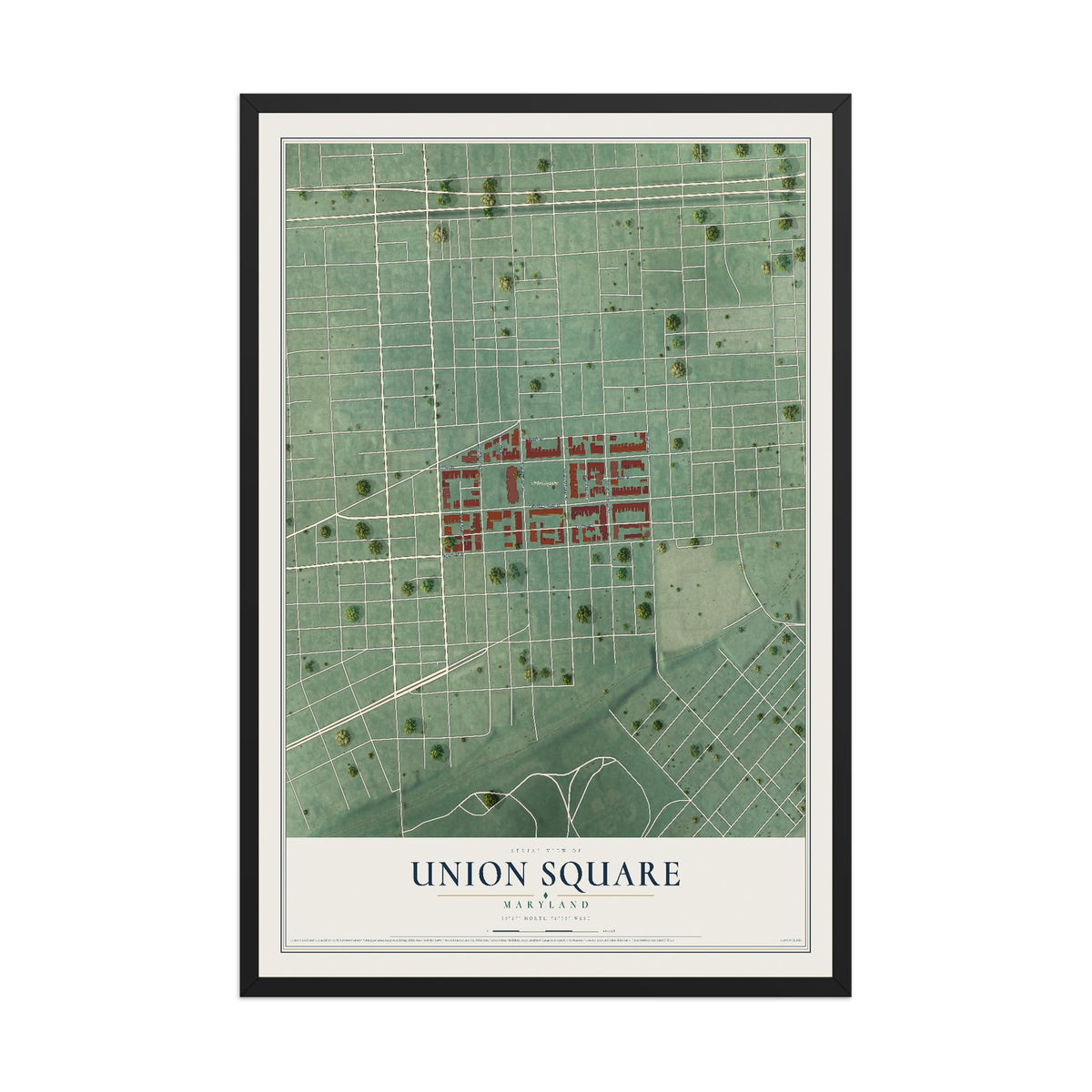 Map of Union Square, Maryland, 12 x 18 inch print in a black wood frame