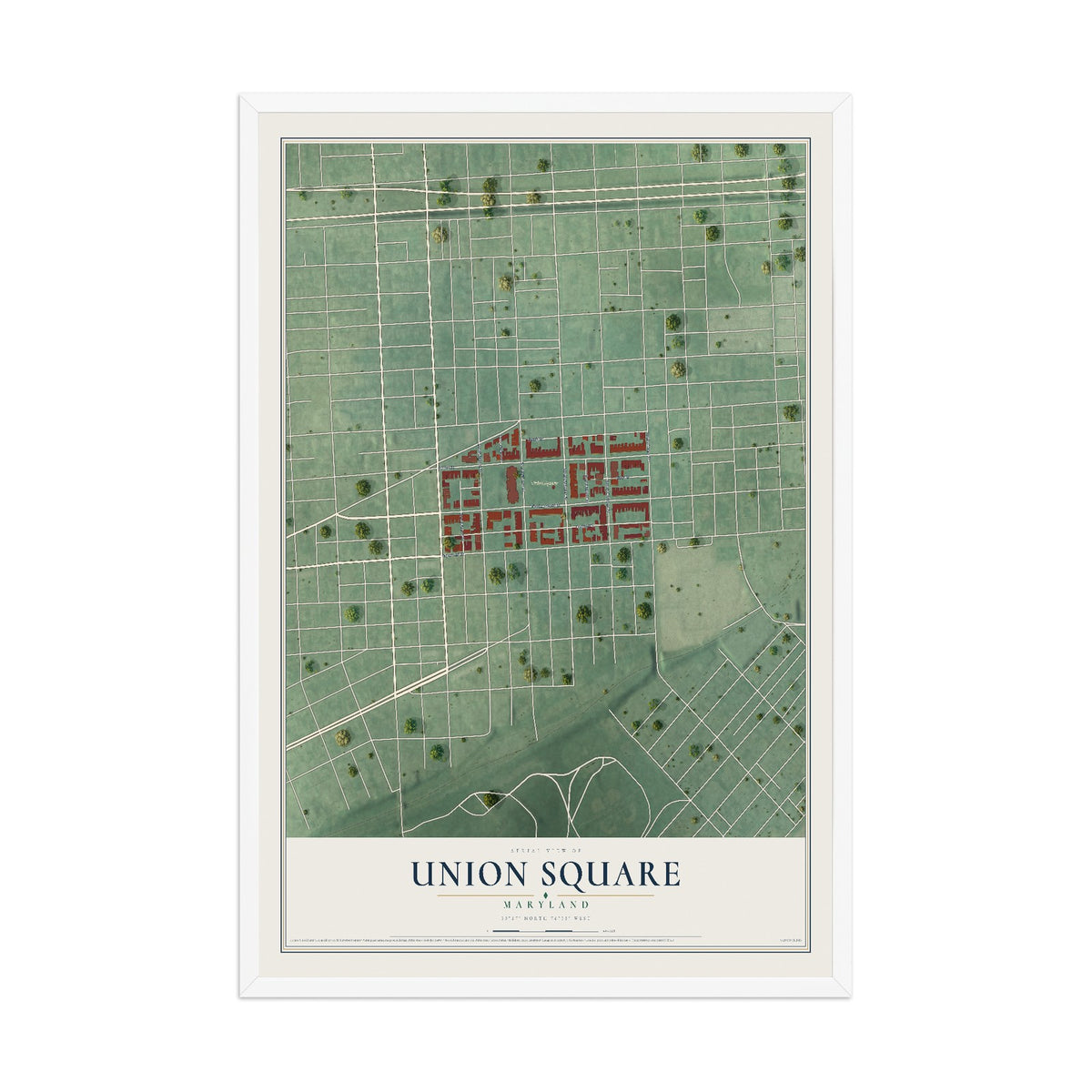 Map of Union Square, Maryland, 12 x 18 inch print in a white wood frame