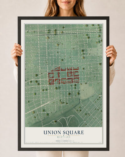 Map of Union Square, Maryland, 24 x 36 inch print in a black wood frame