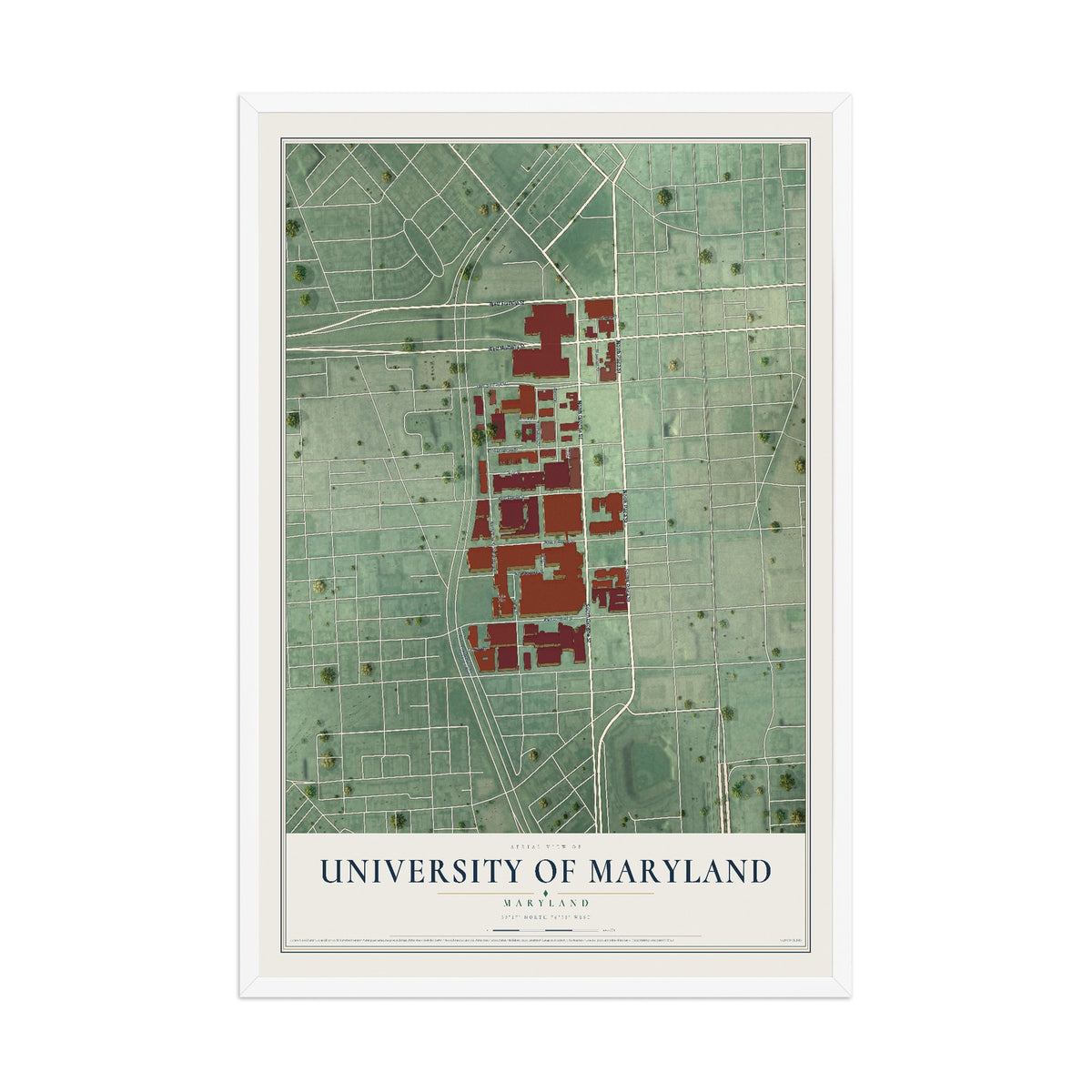 Map of University of Maryland, Maryland, 12 x 18 inch print in a white wood frame