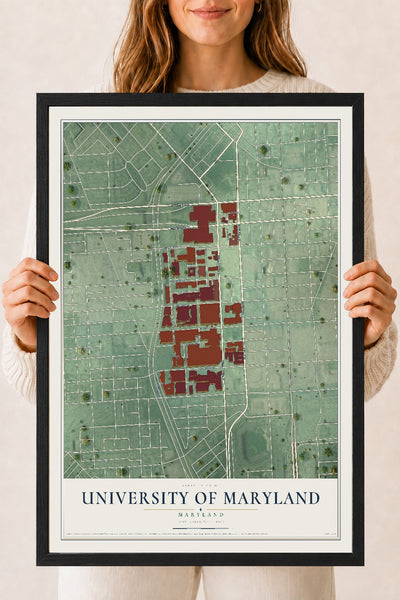 Map of University of Maryland, Maryland, 18 x 24 inch print in a black wood frame
