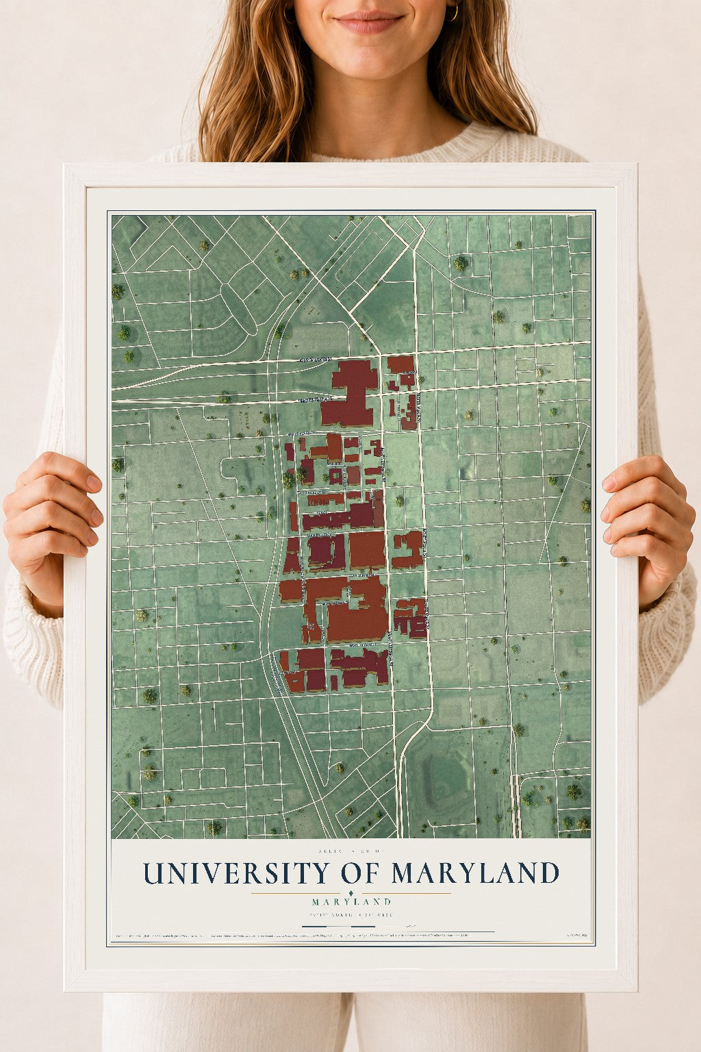 Map of University of Maryland, Maryland, 18 x 24 inch print in a white wood frame