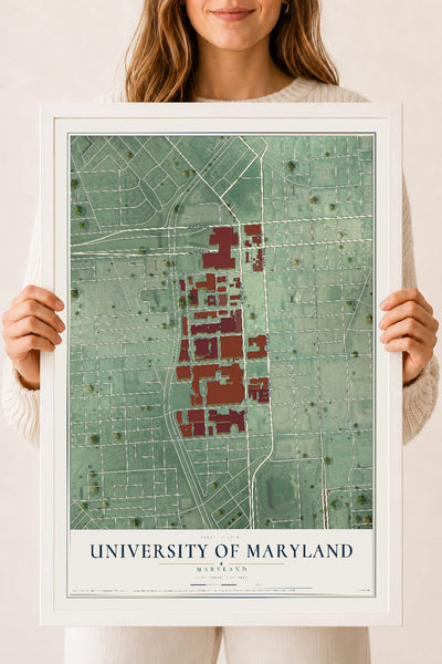 Map of University of Maryland, Maryland, 18 x 24 inch print in a white wood frame