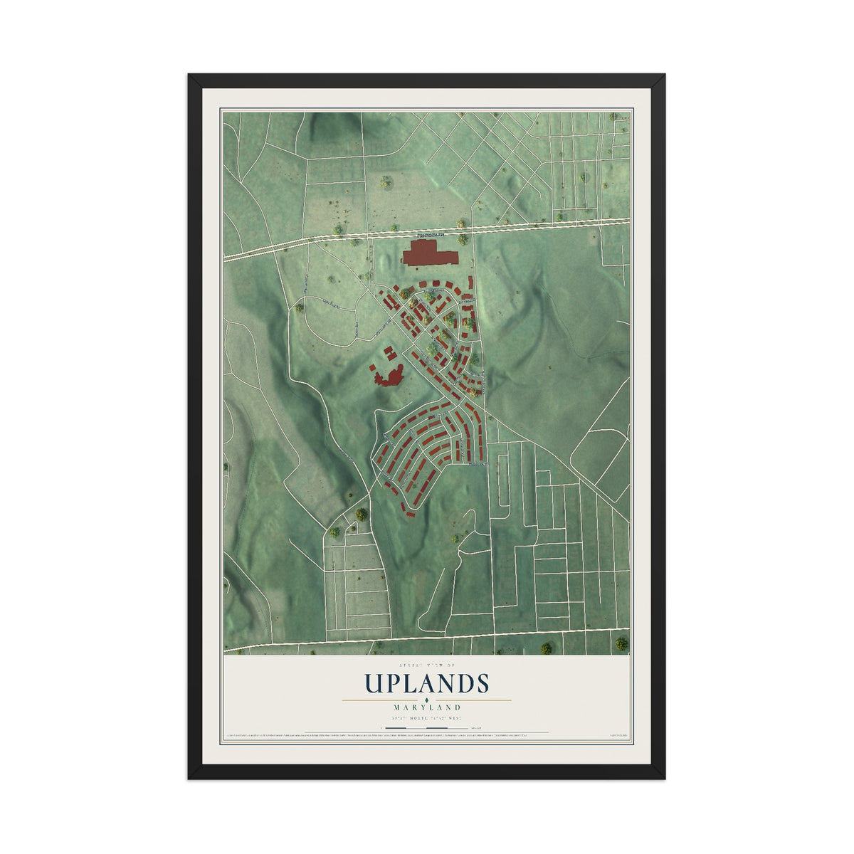 Map of Uplands, Maryland, 12 x 18 inch print in a black wood frame