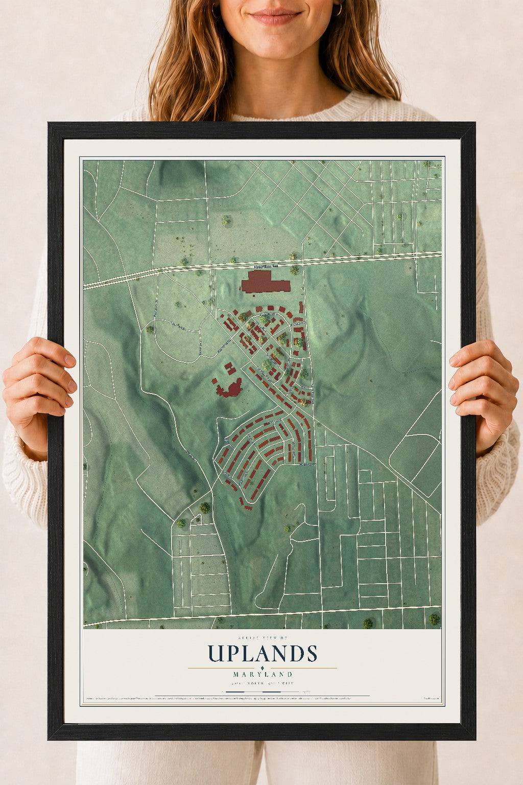 Map of Uplands, Maryland, 18 x 24 inch print in a black wood frame