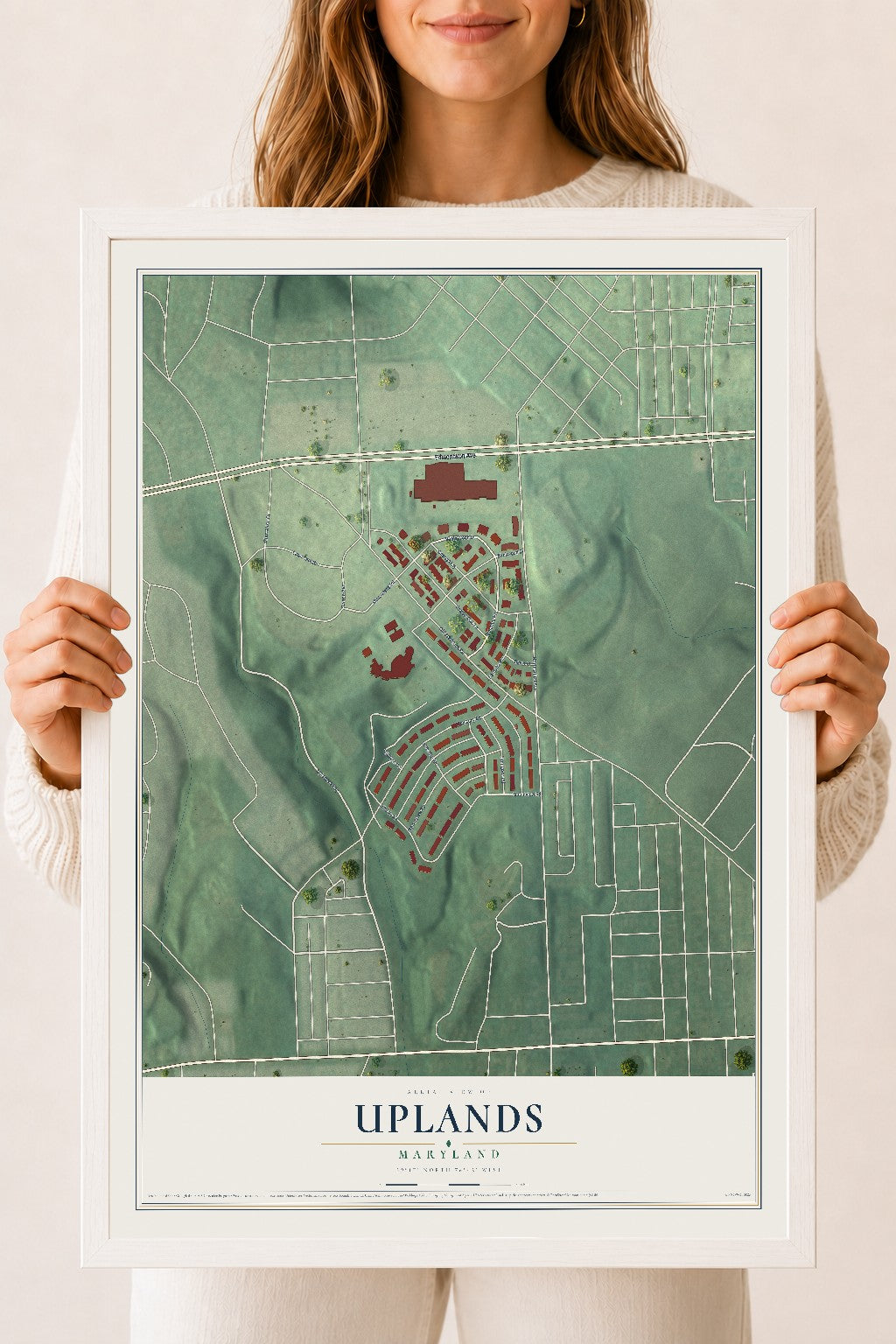 Map of Uplands, Maryland, 18 x 24 inch print in a white wood frame