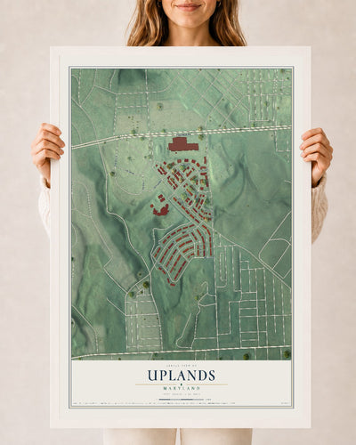 Map of Uplands, Maryland, 24 x 36 inch print in a white wood frame