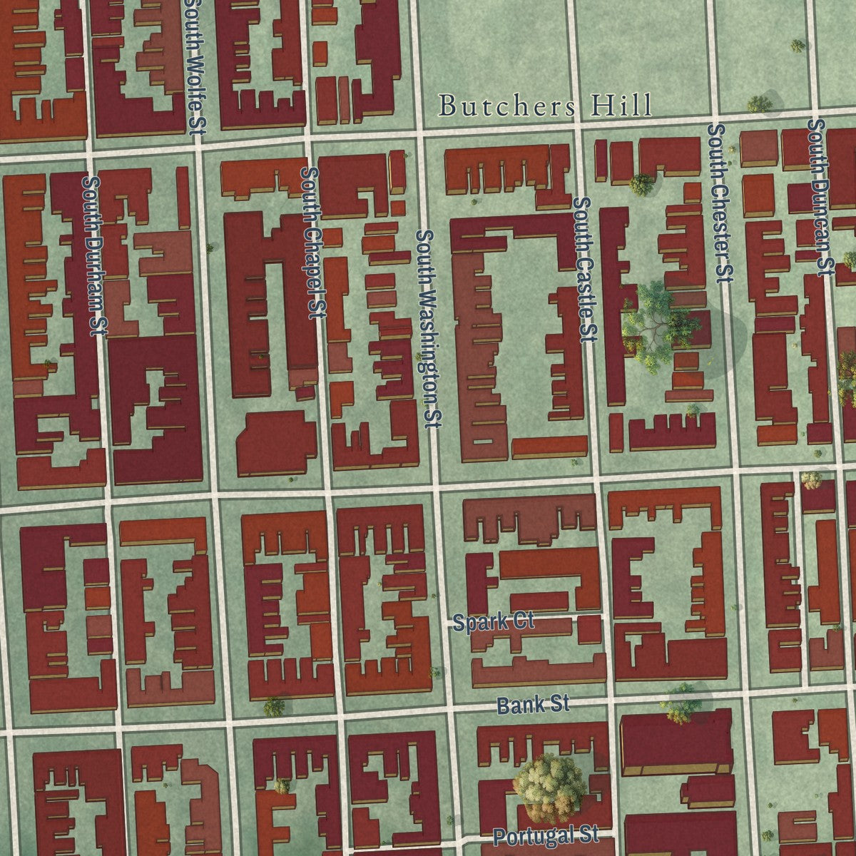 Close-up of the map of Upper Fells Point, Maryland print showing street and building detail
