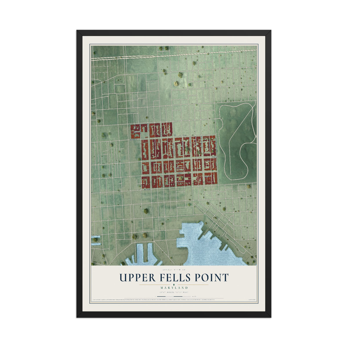 Map of Upper Fells Point, Maryland, 12 x 18 inch print in a black wood frame