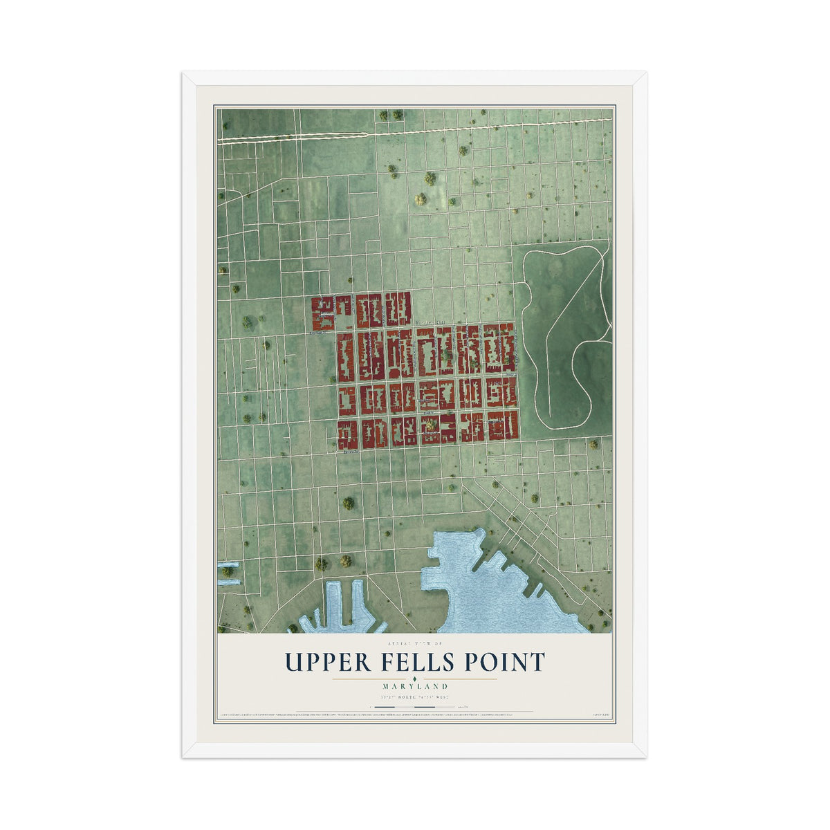Map of Upper Fells Point, Maryland, 12 x 18 inch print in a white wood frame
