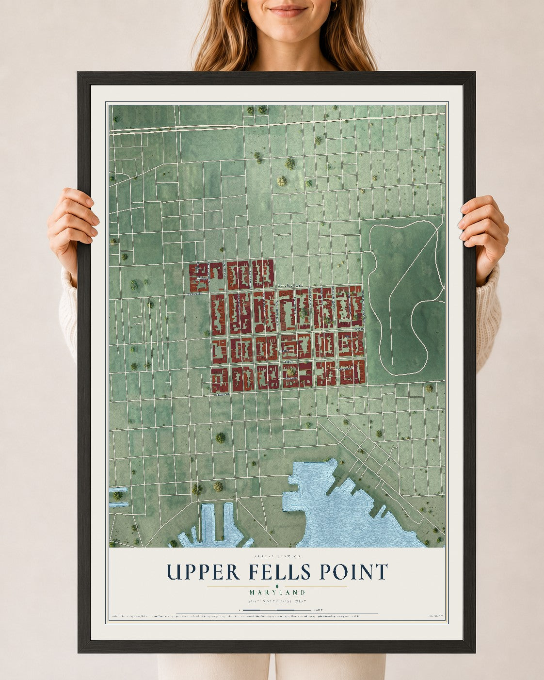 Map of Upper Fells Point, Maryland, 24 x 36 inch print in a black wood frame