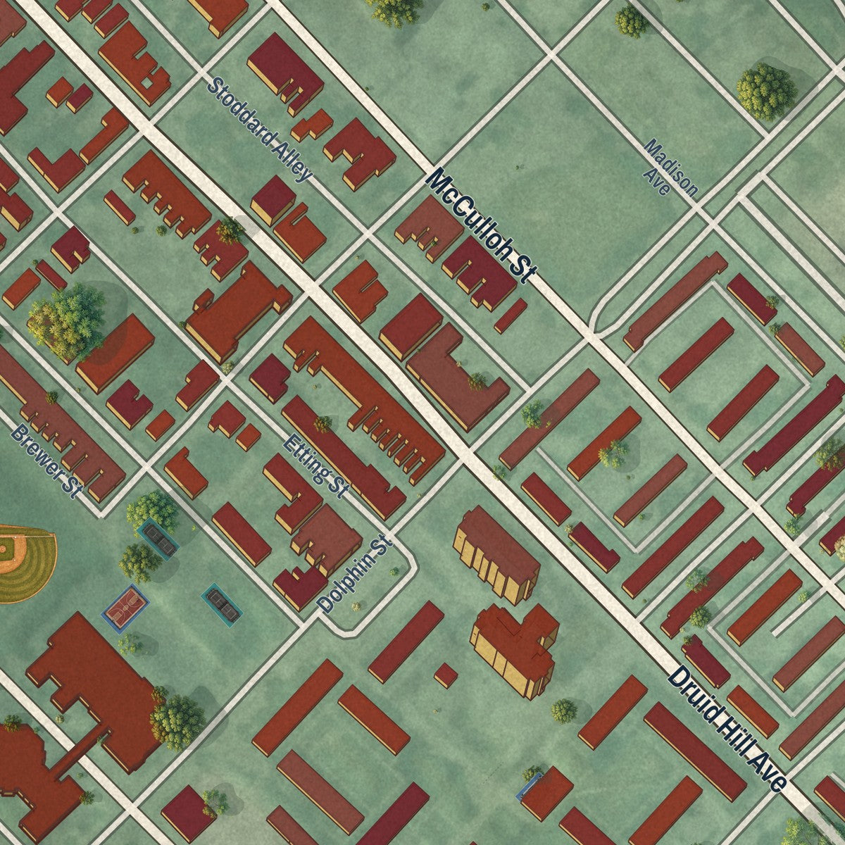 Close-up of the map of Upton, Maryland print showing street and building detail
