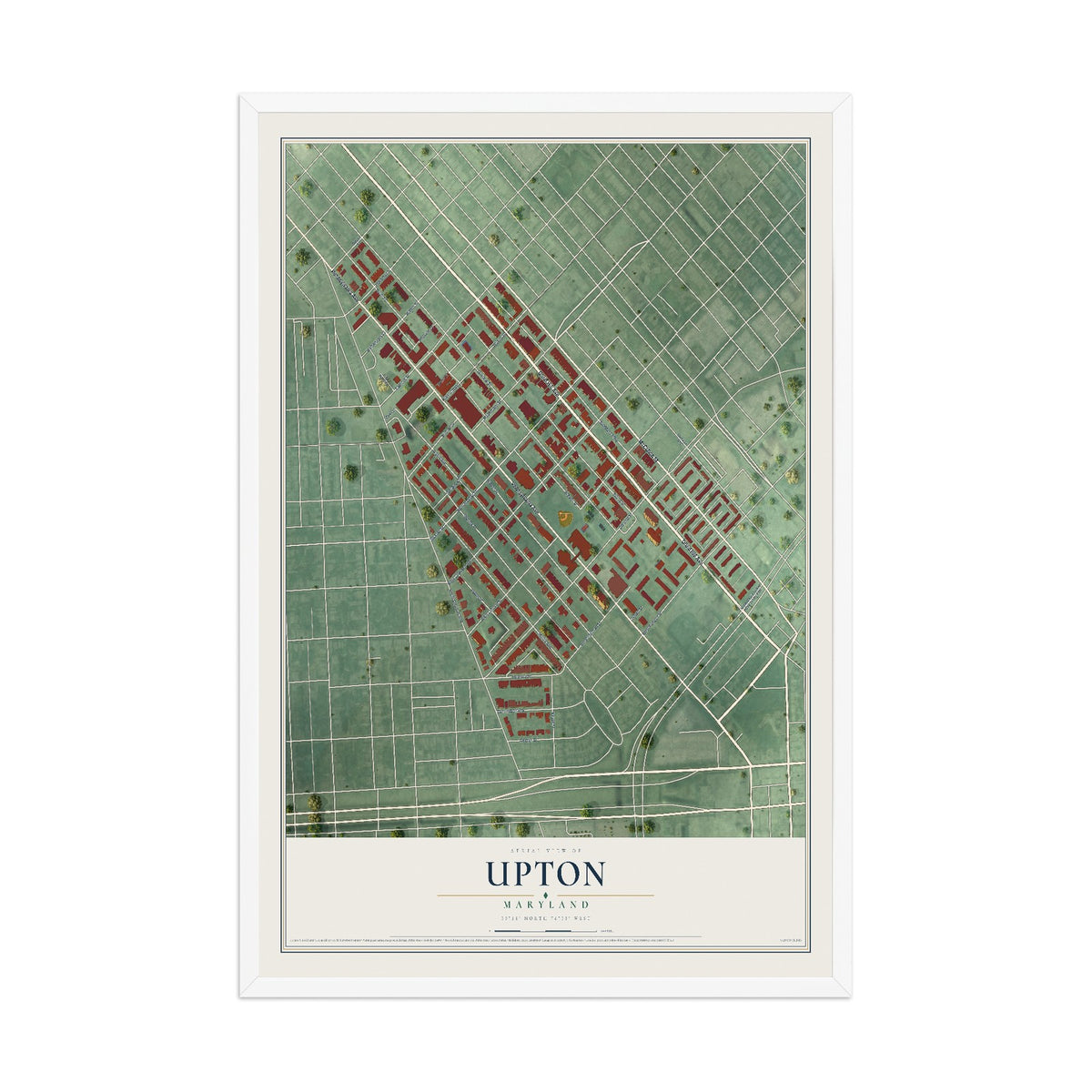 Map of Upton, Maryland, 12 x 18 inch print in a white wood frame