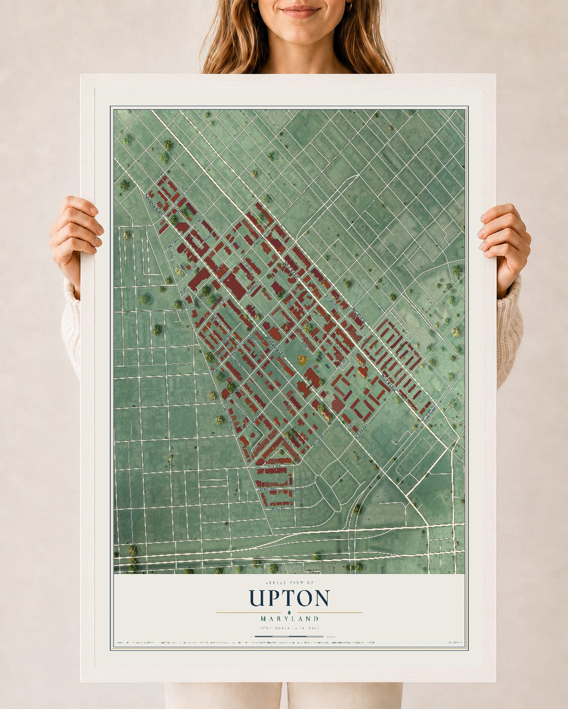 Map of Upton, Maryland, 24 x 36 inch print in a white wood frame