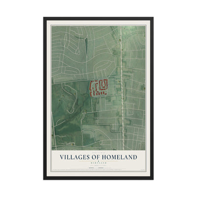 Map of Villages of Homeland, Maryland, 12 x 18 inch print in a black wood frame