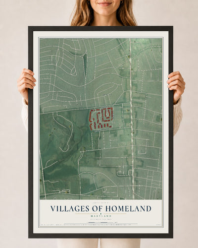 Map of Villages of Homeland, Maryland, 24 x 36 inch print in a black wood frame