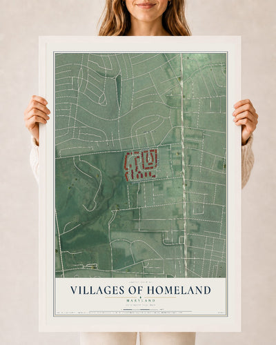 Map of Villages of Homeland, Maryland, 24 x 36 inch print in a white wood frame