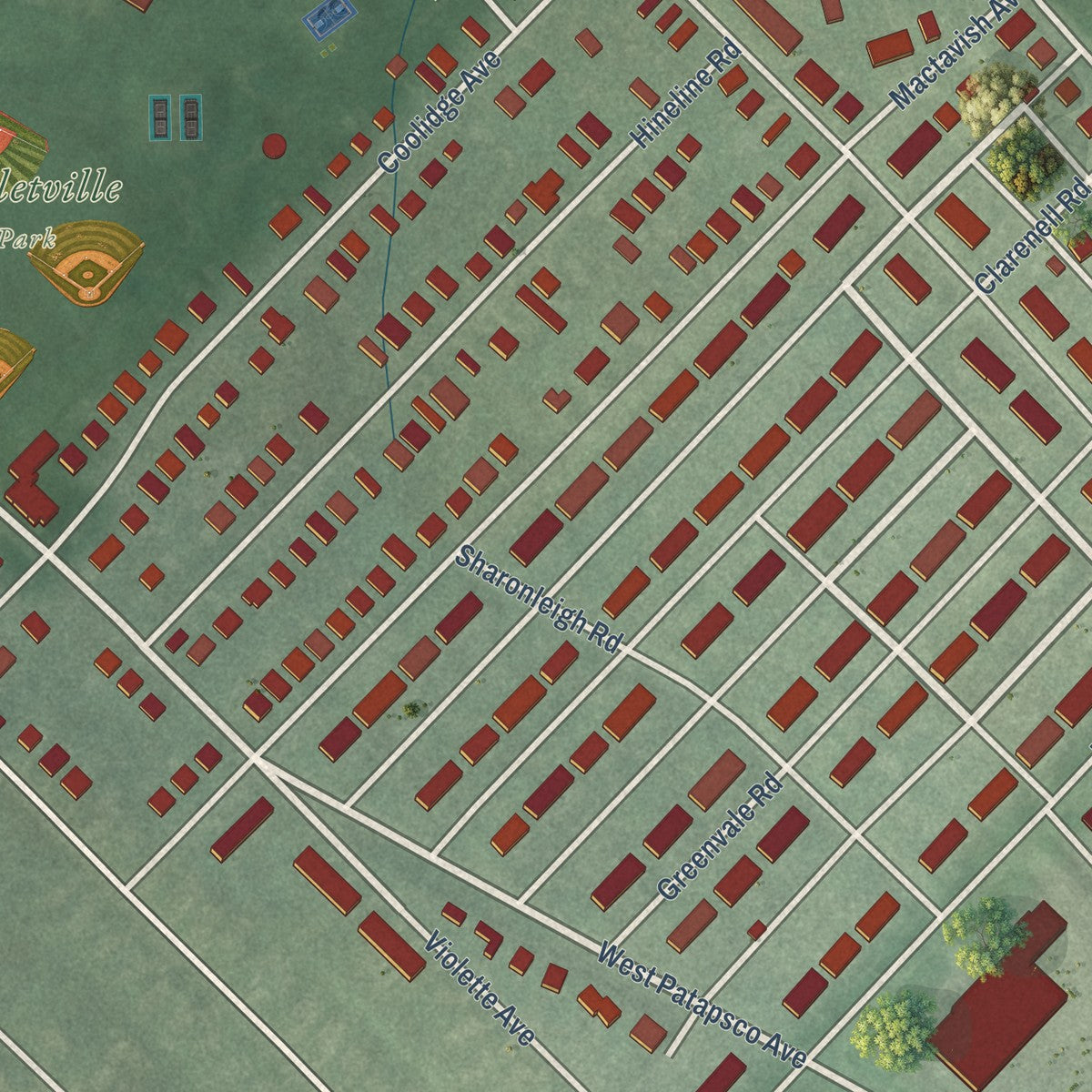 Close-up of the map of Violetville, Maryland print showing street and building detail