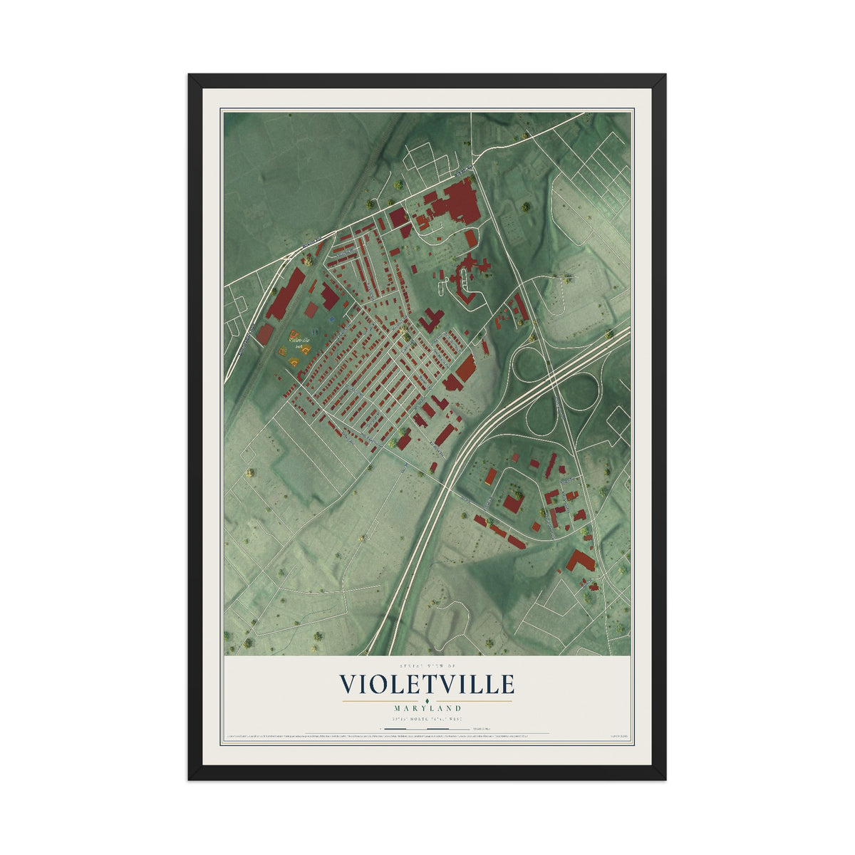 Map of Violetville, Maryland, 12 x 18 inch print in a black wood frame