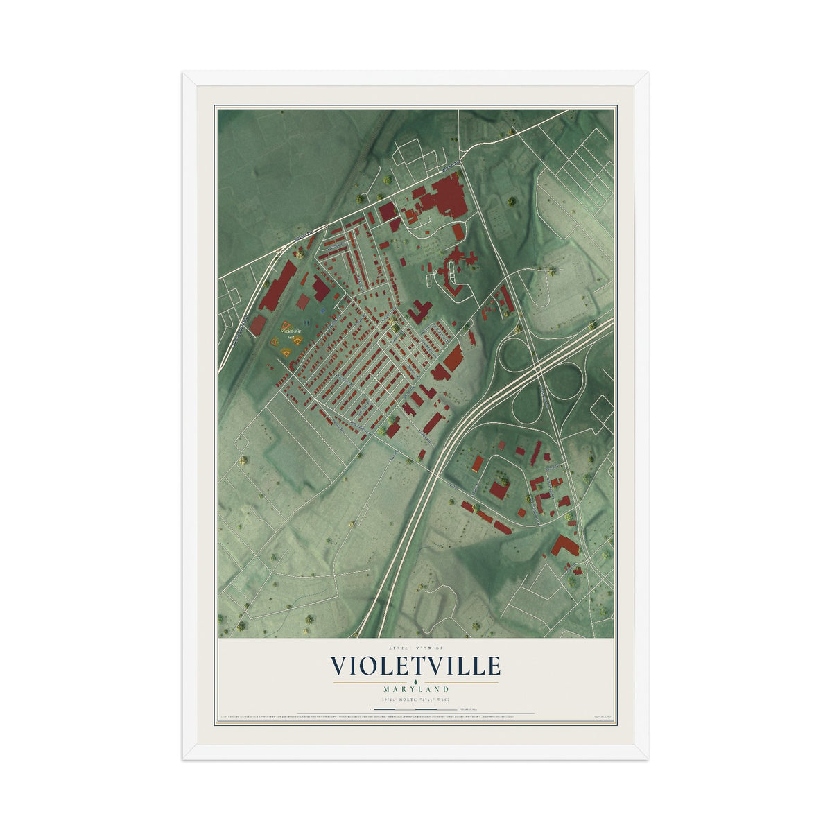 Map of Violetville, Maryland, 12 x 18 inch print in a white wood frame