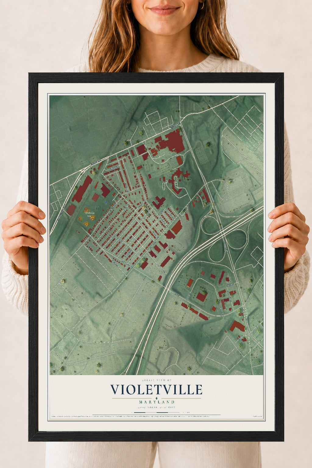 Map of Violetville, Maryland, 18 x 24 inch print in a black wood frame