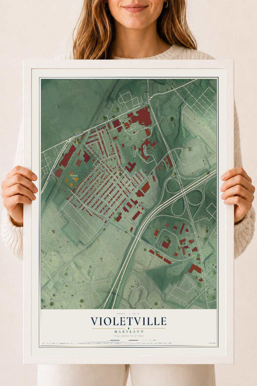Map of Violetville, Maryland, 18 x 24 inch print in a white wood frame