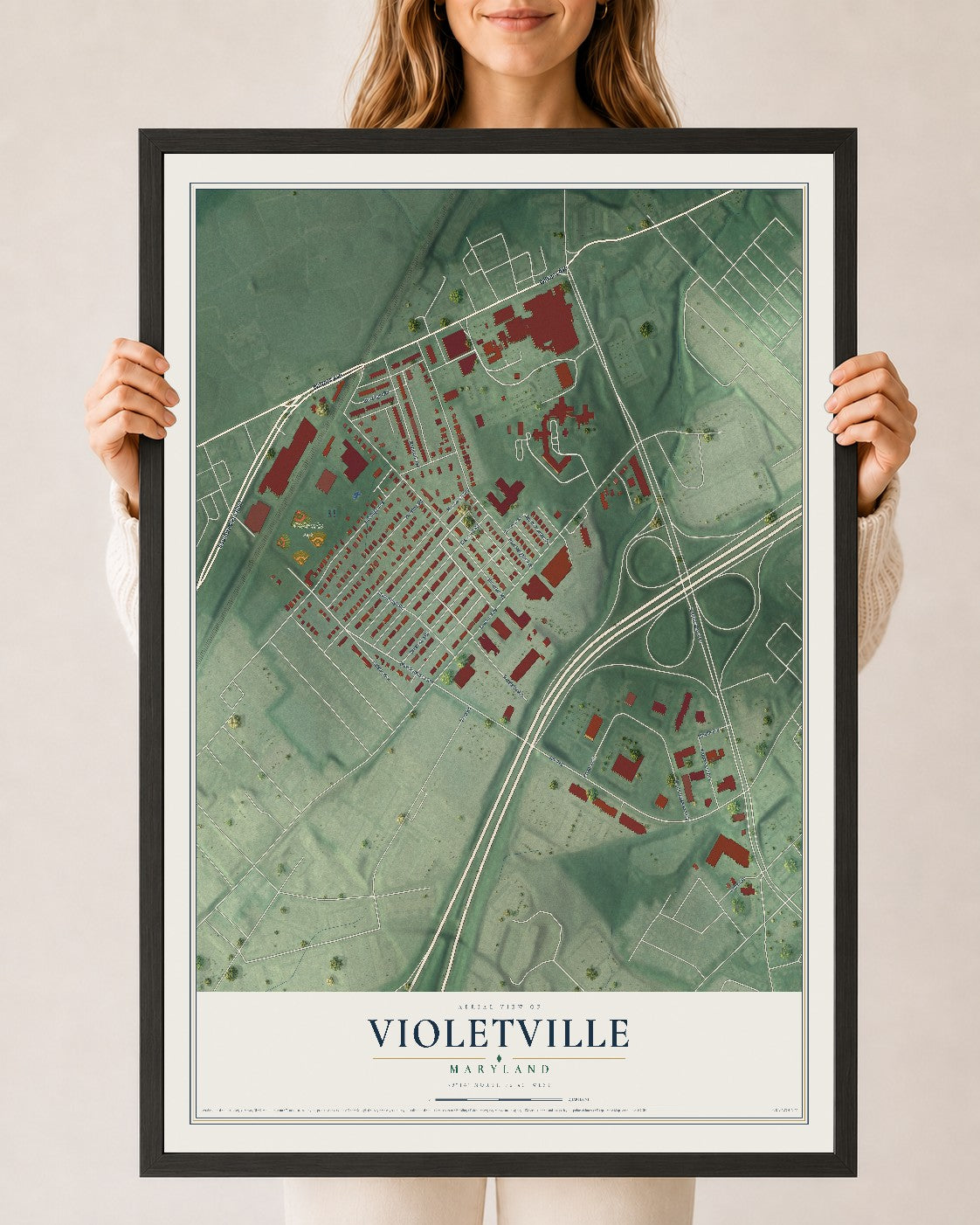Map of Violetville, Maryland, 24 x 36 inch print in a black wood frame