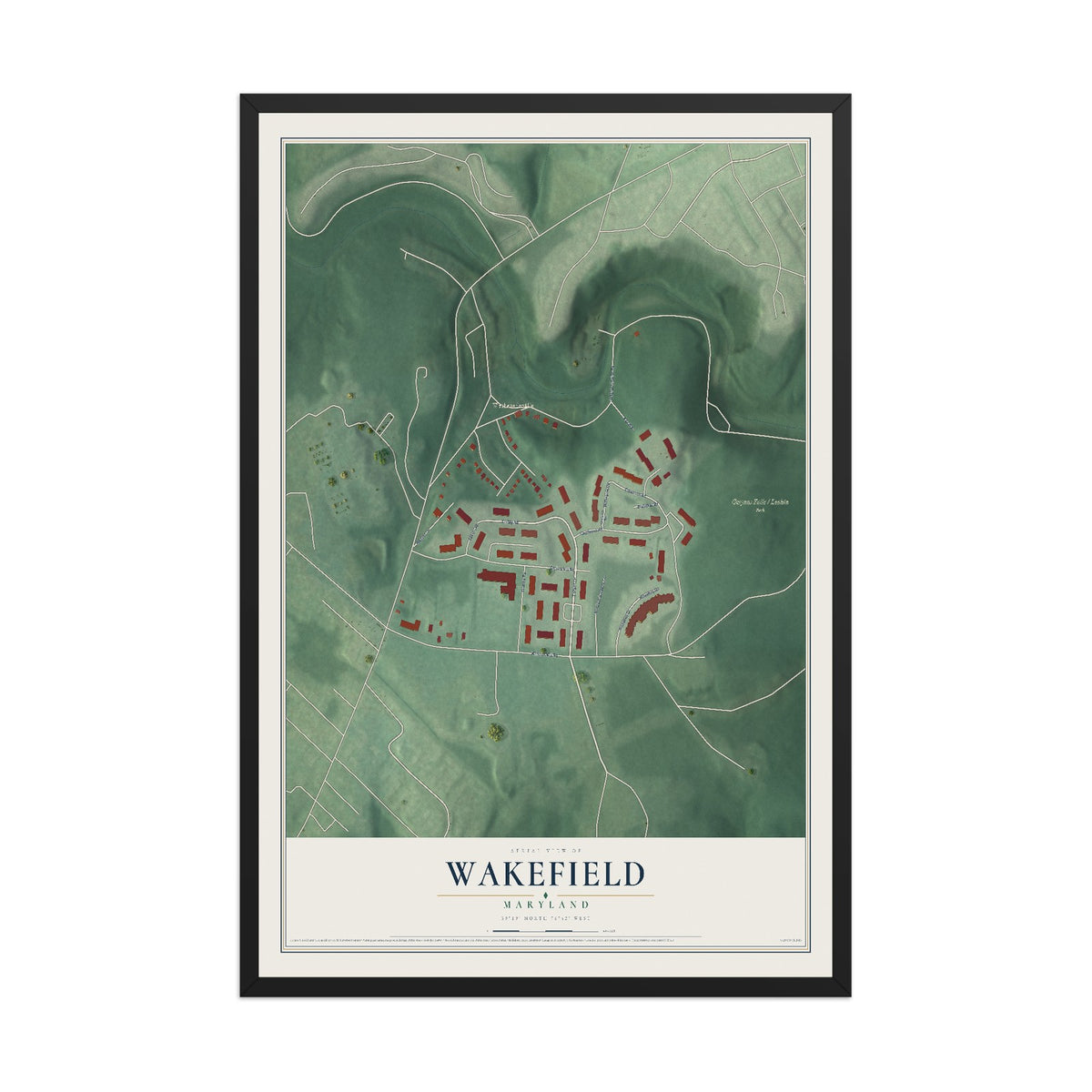Map of Wakefield, Maryland, 12 x 18 inch print in a black wood frame