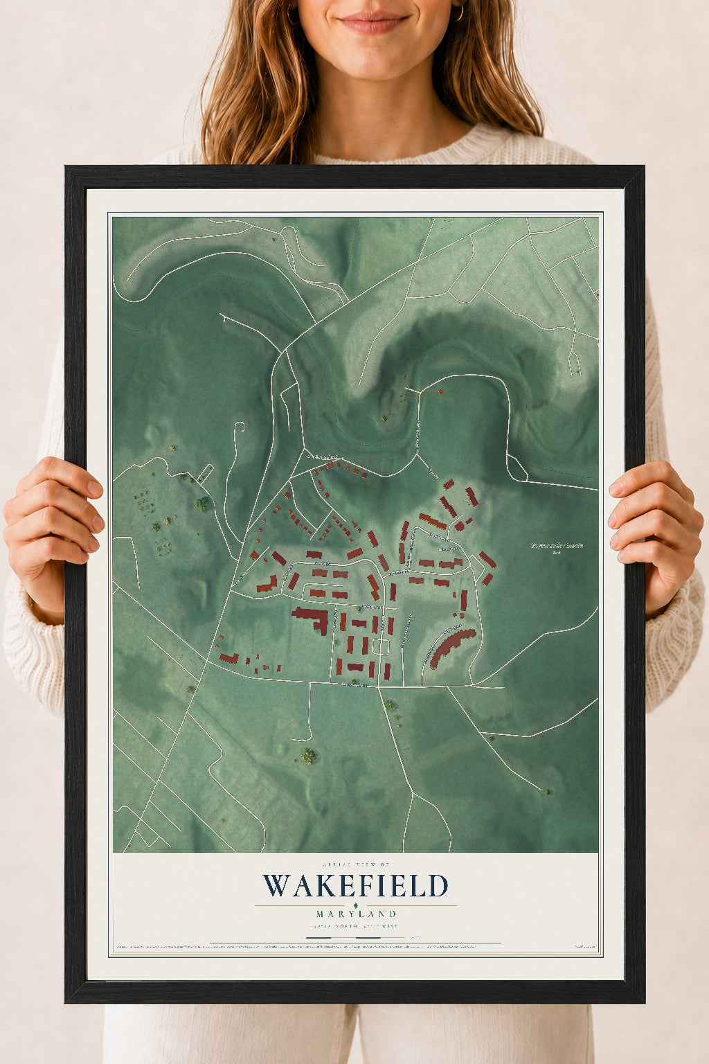 Map of Wakefield, Maryland, 18 x 24 inch print in a black wood frame