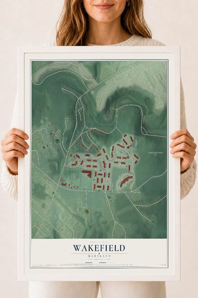 Map of Wakefield, Maryland, 18 x 24 inch print in a white wood frame