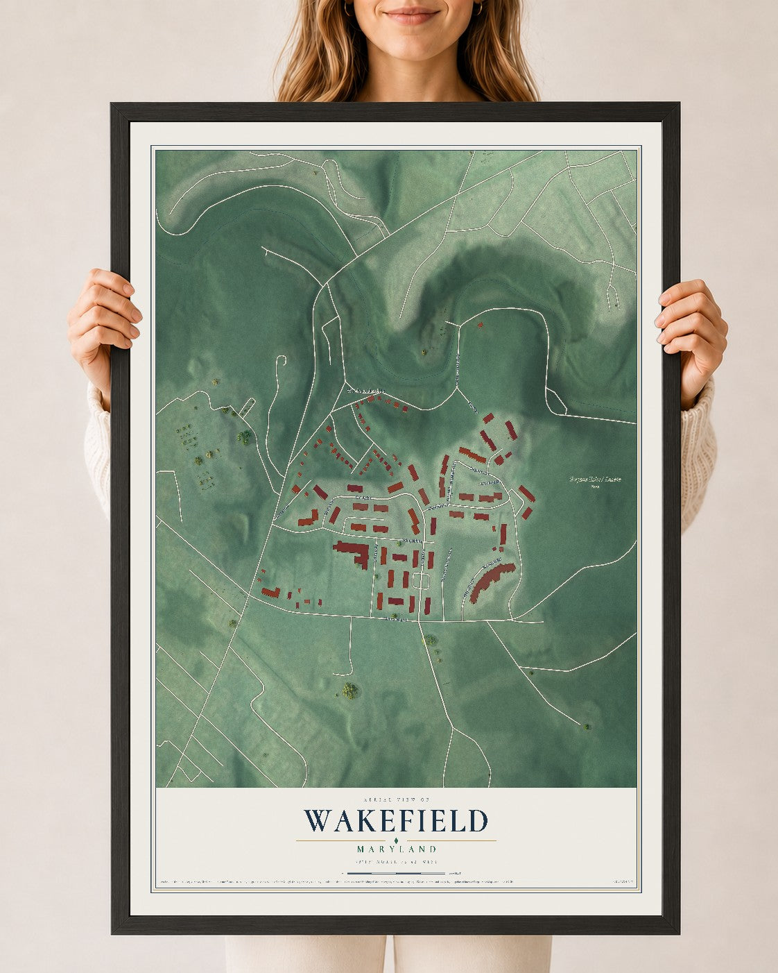 Map of Wakefield, Maryland, 24 x 36 inch print in a black wood frame