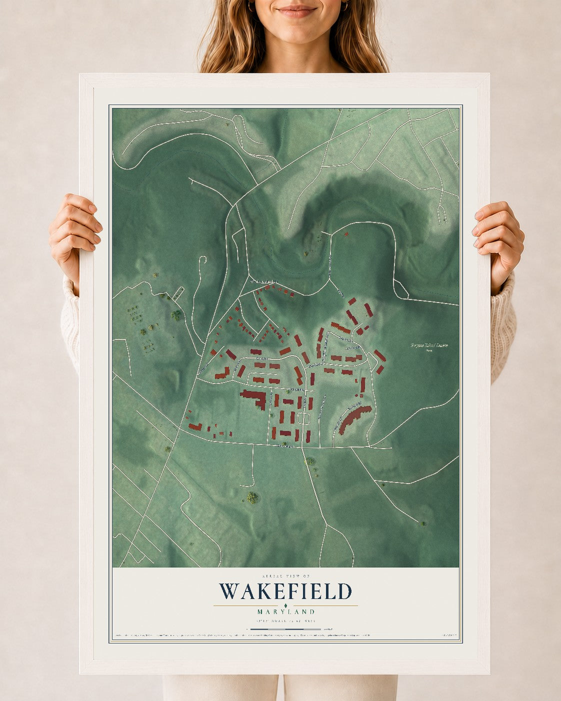 Map of Wakefield, Maryland, 24 x 36 inch print in a white wood frame