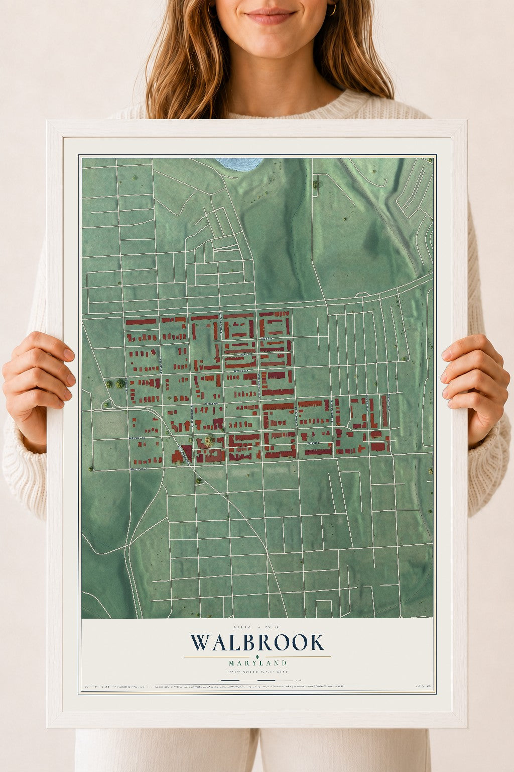 Map of Walbrook, Maryland, 18 x 24 inch print in a white wood frame