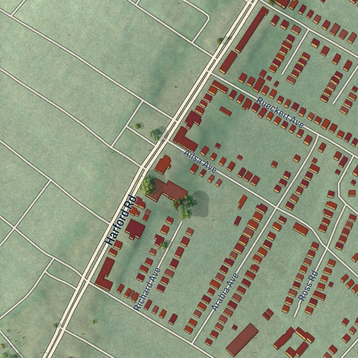 Second close-up of the map of Waltherson, Maryland print showing more streets and buildings