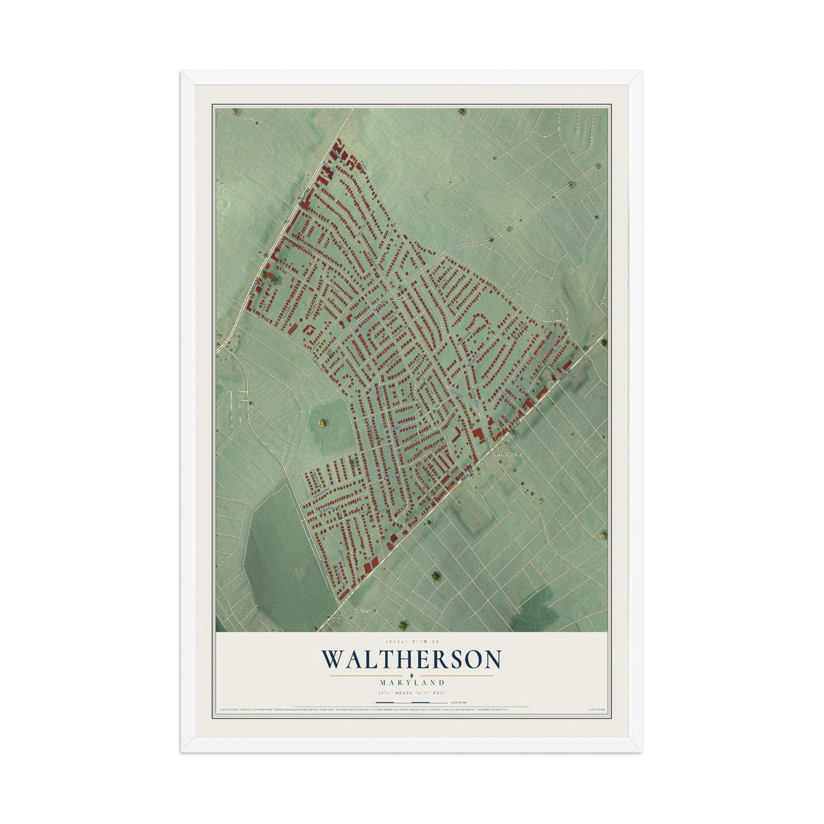 Map of Waltherson, Maryland, 12 x 18 inch print in a white wood frame