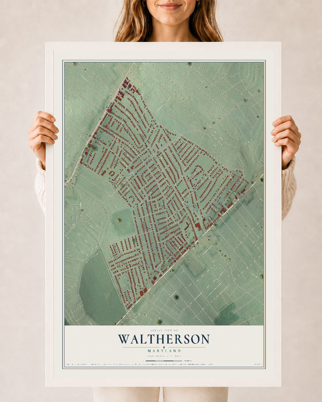 Map of Waltherson, Maryland, 24 x 36 inch print in a white wood frame