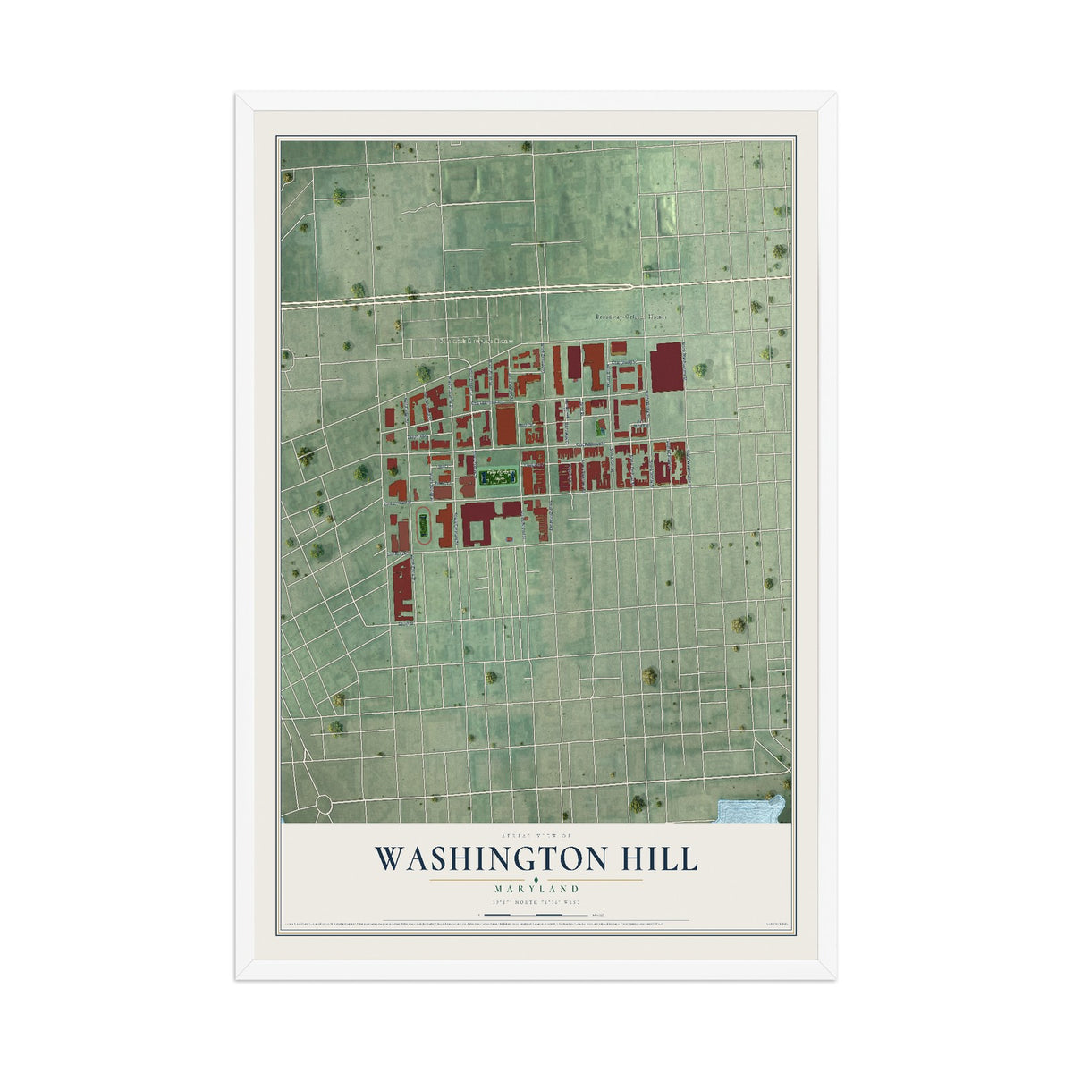Map of Washington Hill, Maryland, 12 x 18 inch print in a white wood frame