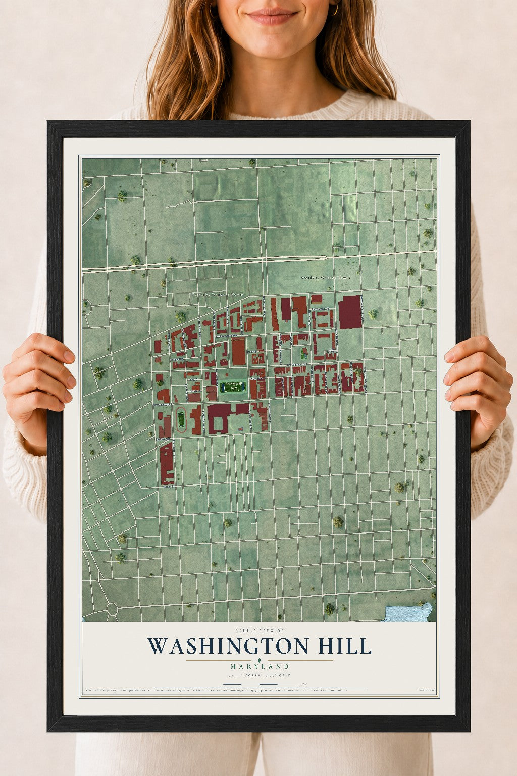 Map of Washington Hill, Maryland, 18 x 24 inch print in a black wood frame