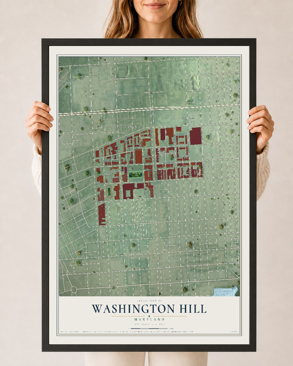 Map of Washington Hill, Maryland, 24 x 36 inch print in a black wood frame