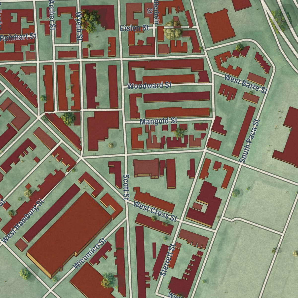Close-up of the map of Washington Village-Pigtown, Maryland print showing street and building detail
