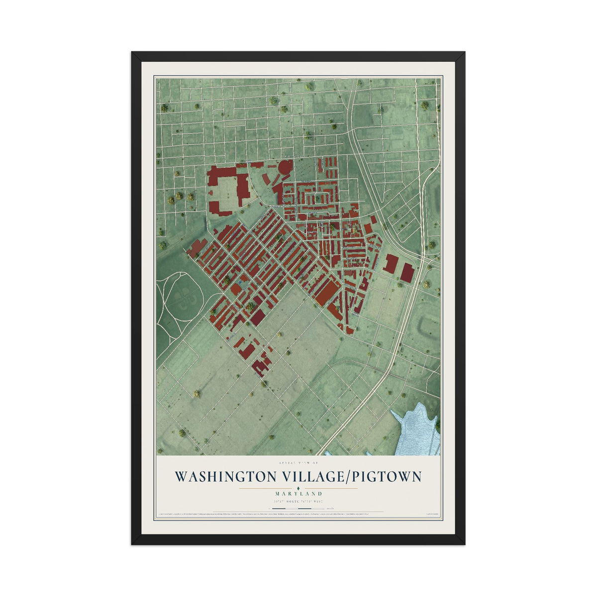 Map of Washington Village-Pigtown, Maryland, 12 x 18 inch print in a black wood frame
