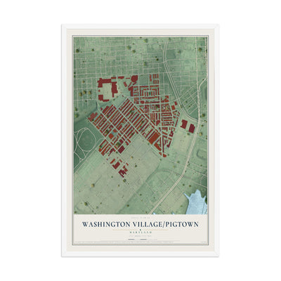 Map of Washington Village-Pigtown, Maryland, 12 x 18 inch print in a white wood frame