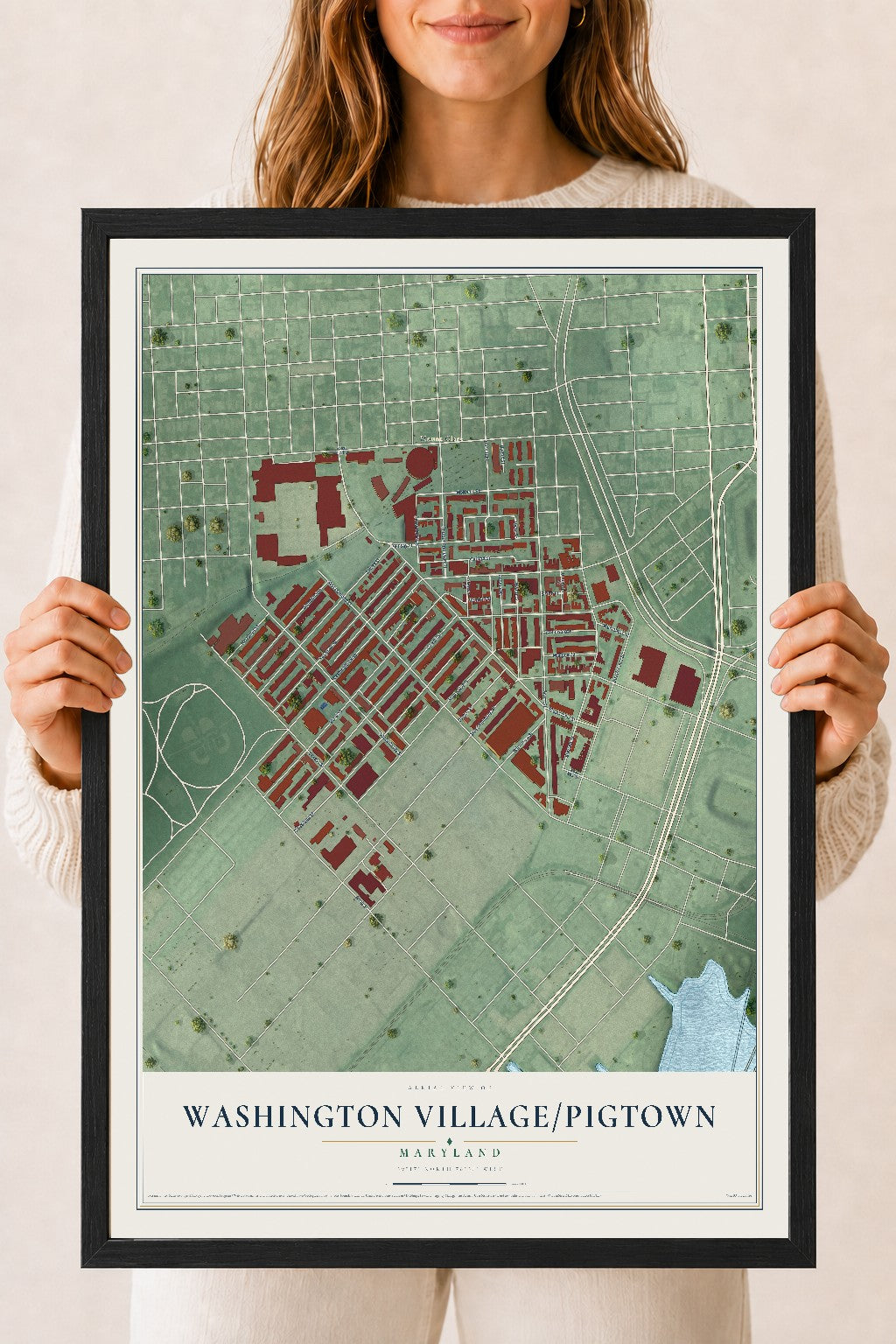 Map of Washington Village-Pigtown, Maryland, 18 x 24 inch print in a black wood frame
