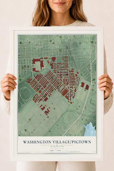 Map of Washington Village-Pigtown, Maryland, 18 x 24 inch print in a white wood frame