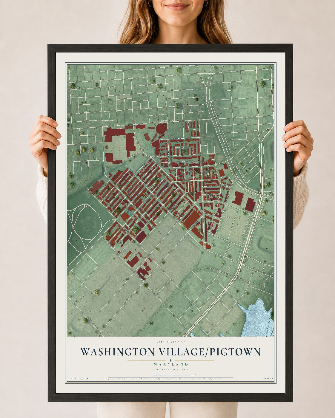 Map of Washington Village-Pigtown, Maryland, 24 x 36 inch print in a black wood frame